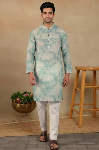 Aqua green linen fabric kurta payjama