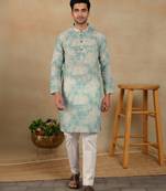 Aqua green linen fabric kurta payjama