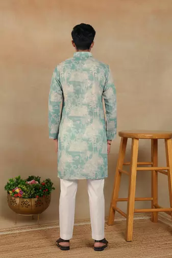 Aqua green linen fabric kurta payjama