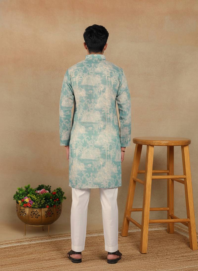 Aqua green linen fabric kurta payjama