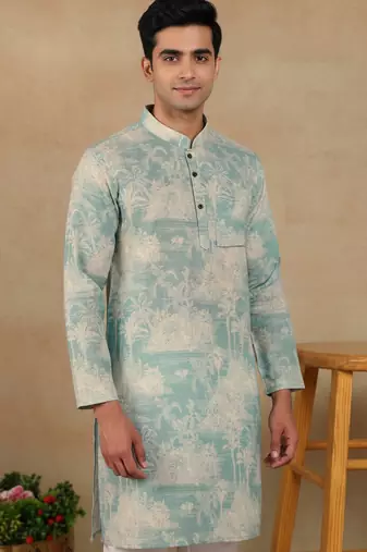 Aqua green linen fabric kurta payjama
