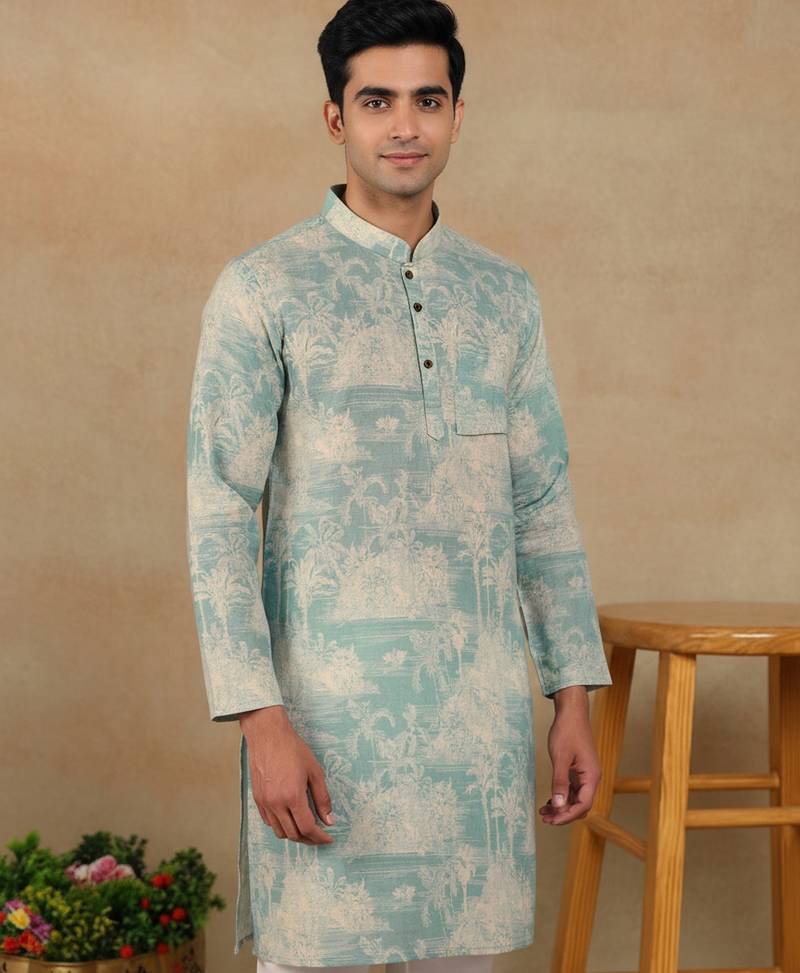 Aqua green linen fabric kurta payjama