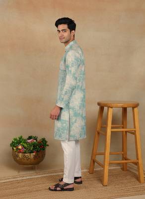 Aqua green linen fabric kurta payjama 4