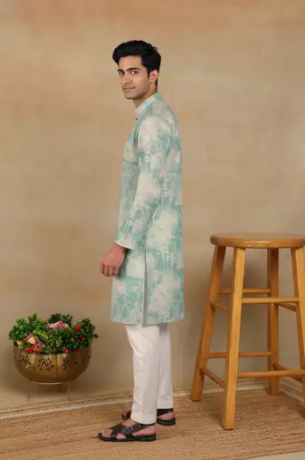 Aqua green linen fabric kurta payjama