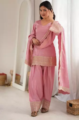 Pink glass roman silk blend kurta farshi shalwar set