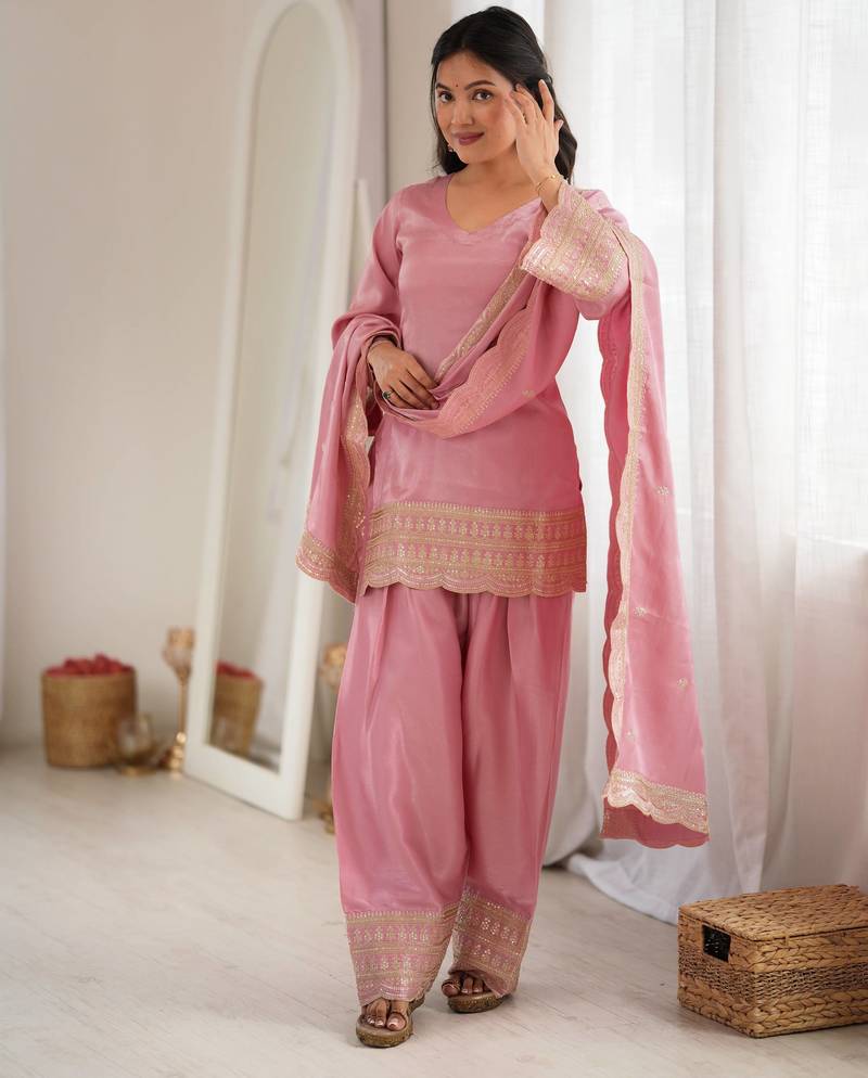 Pink glass roman silk blend kurta farshi shalwar set
