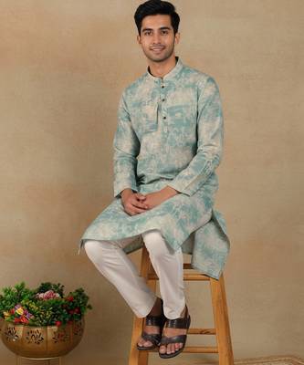 Aqua green linen fabric kurta payjama 5