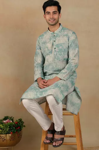 Aqua green linen fabric kurta payjama