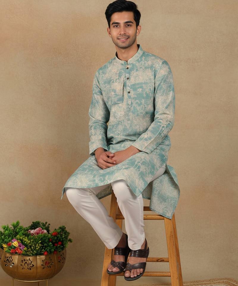 Aqua green linen fabric kurta payjama