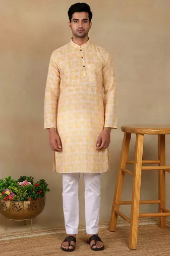 Yellow linen fabric kurta payjama