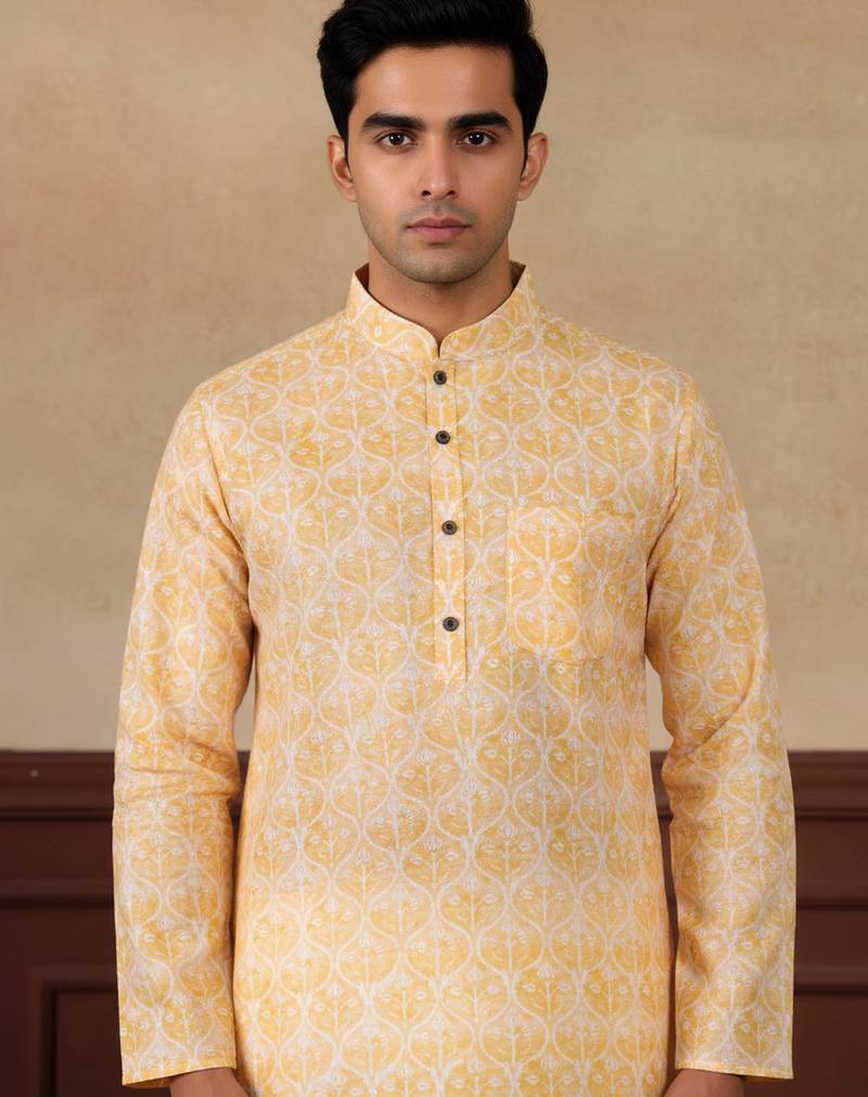 Yellow linen fabric kurta payjama