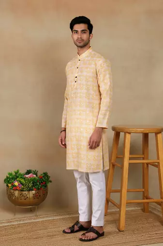 Yellow linen fabric kurta payjama