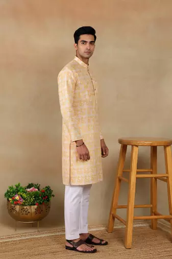 Yellow linen fabric kurta payjama
