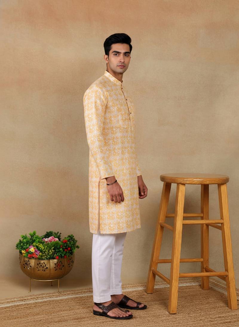 Yellow linen fabric kurta payjama