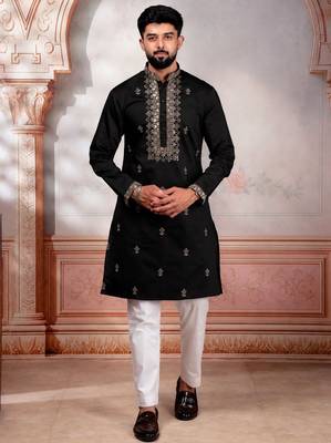 Black embroidered fancy kurta payjama for men 1