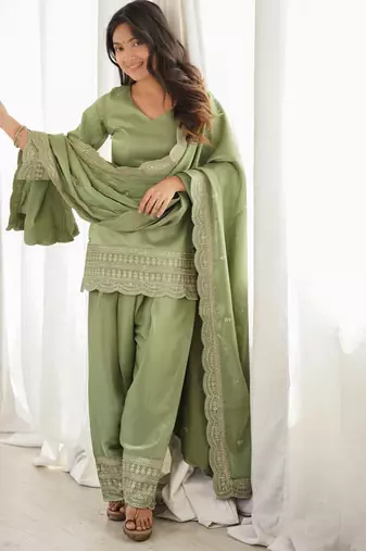 Pista glass roman silk blend kurta farshi shalwar set