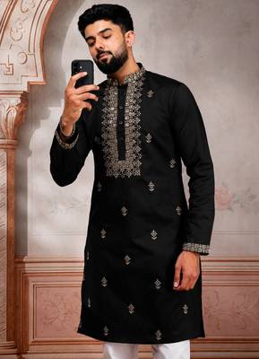 Black embroidered fancy kurta payjama for men 3