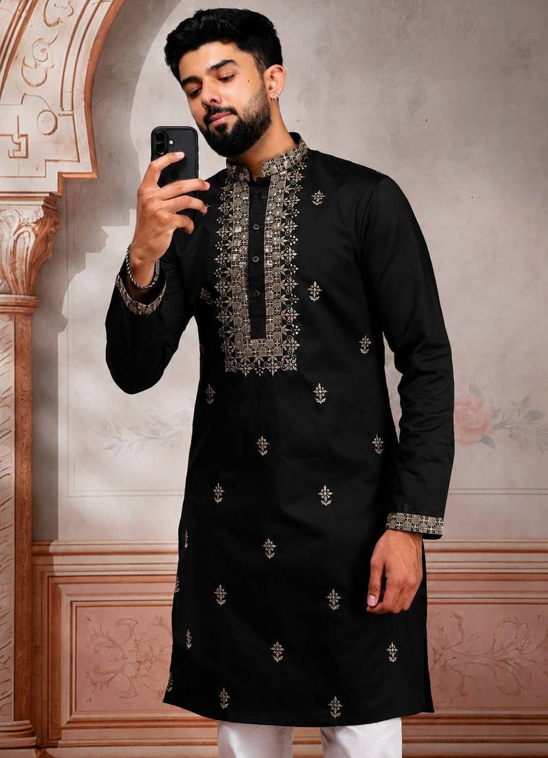 Black embroidered fancy kurta payjama for men