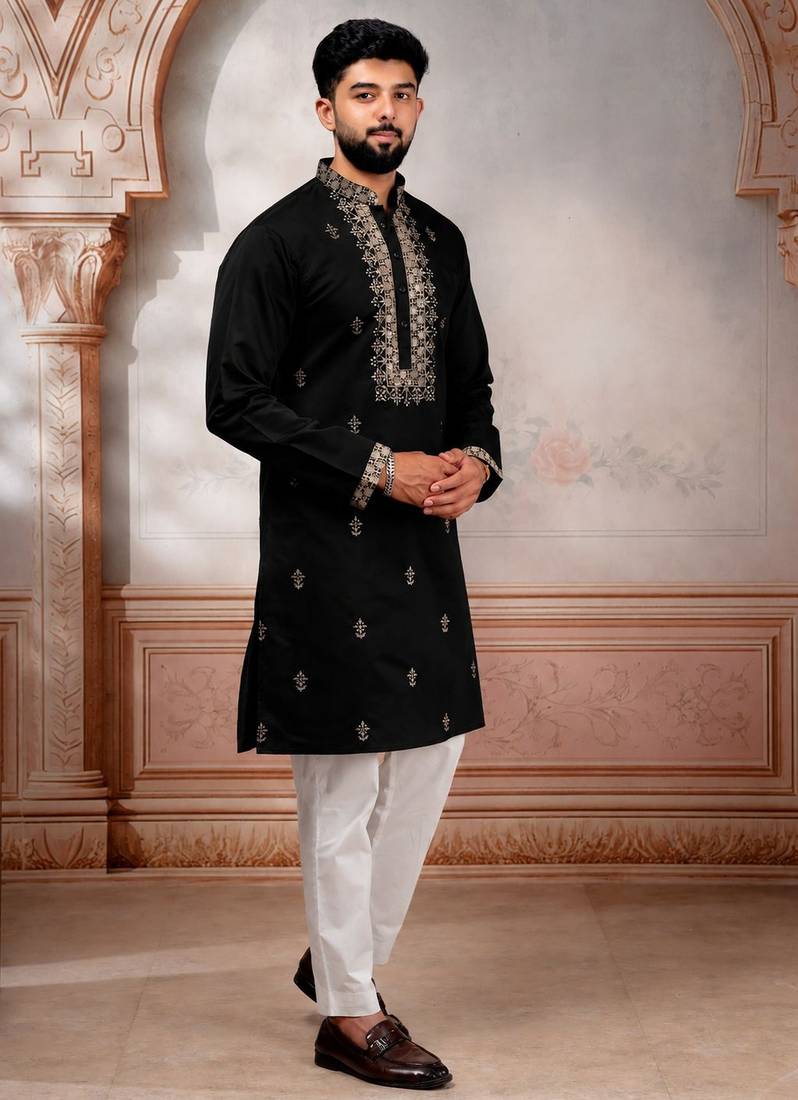Black embroidered fancy kurta payjama for men