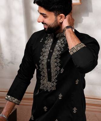 Black embroidered fancy kurta payjama for men 5