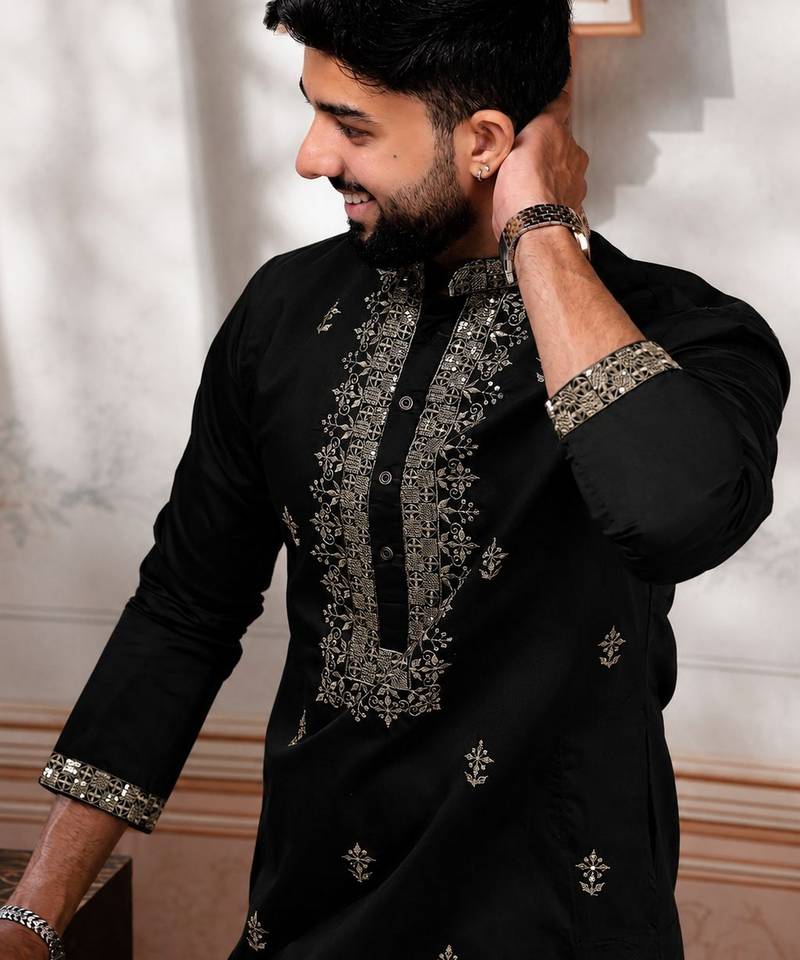 Black embroidered fancy kurta payjama for men