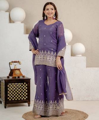 Purple crunchy silk blend sequin kurta palazzo set 1