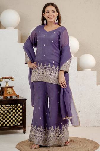 Purple crunchy silk blend sequin kurta palazzo set