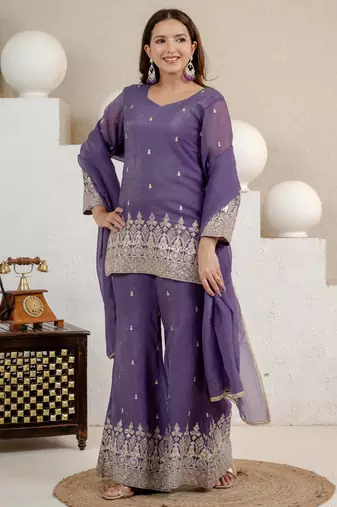 Purple crunchy silk blend sequin kurta palazzo set