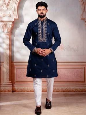 Navy blue embroidered fancy kurta payjama for men 1