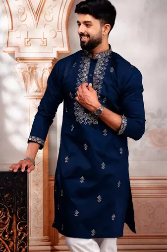 Navy blue embroidered fancy kurta payjama for men