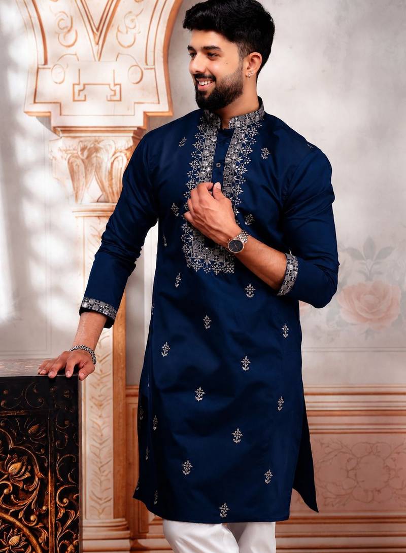 Navy blue embroidered fancy kurta payjama for men