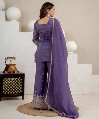 Purple crunchy silk blend sequin kurta palazzo set 2