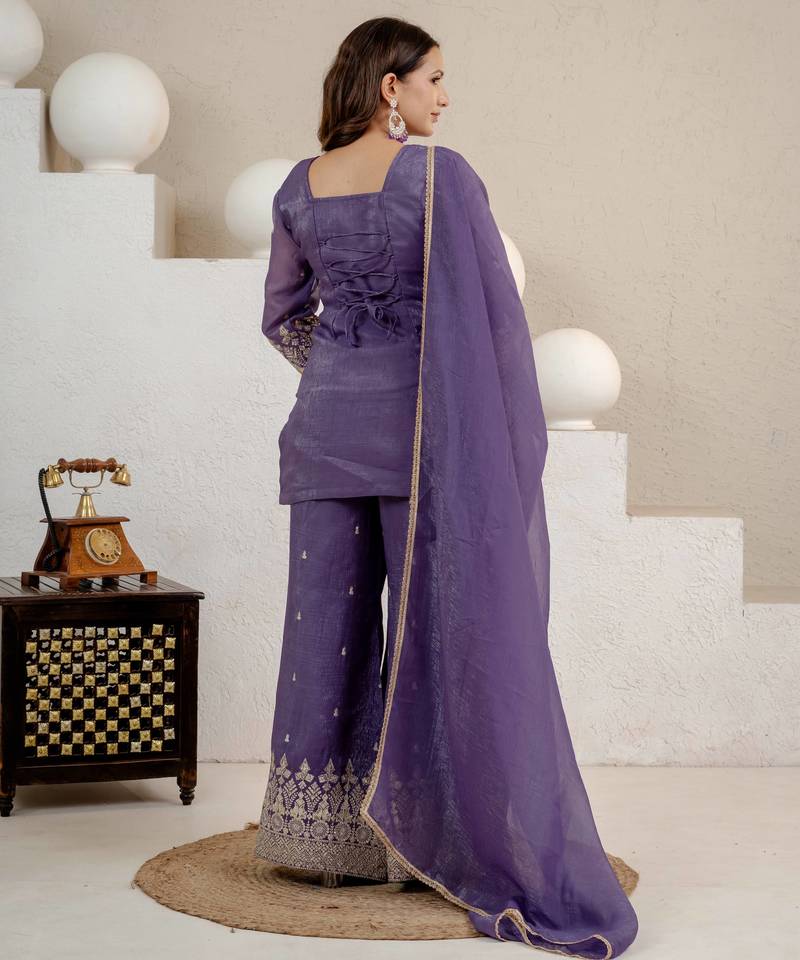 Purple crunchy silk blend sequin kurta palazzo set