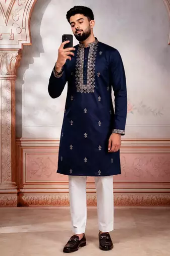 Navy blue embroidered fancy kurta payjama for men