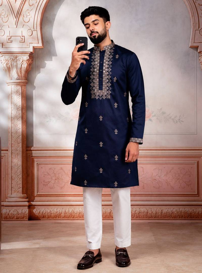 Navy blue embroidered fancy kurta payjama for men