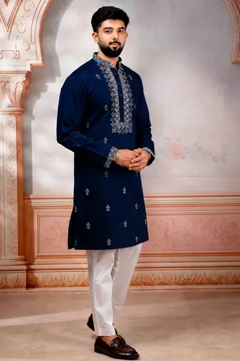 Navy blue embroidered fancy kurta payjama for men