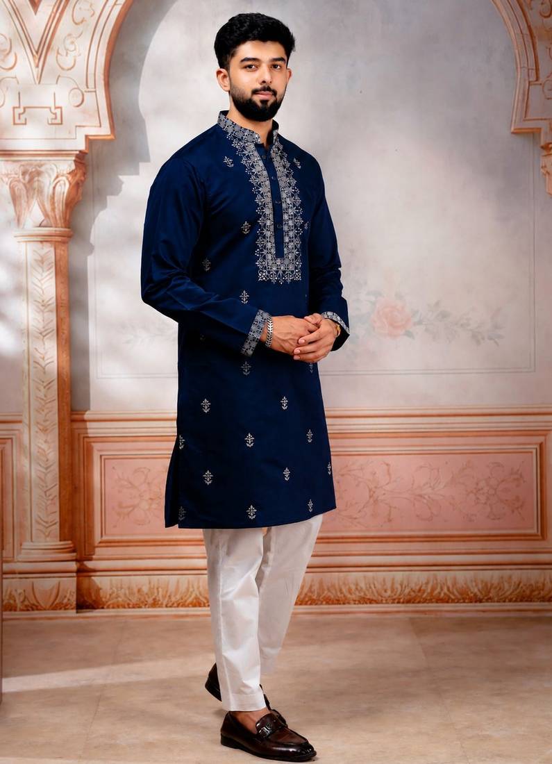 Navy blue embroidered fancy kurta payjama for men