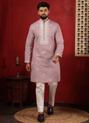 Pink embroidered fancy kurta payjama for men 1