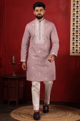 Pink embroidered fancy kurta payjama for men