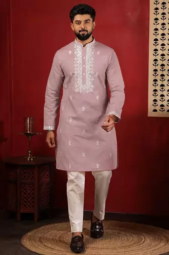 Pink embroidered fancy kurta payjama for men