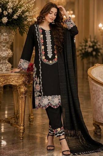 Black satin rayon kurta pant with dupatta set