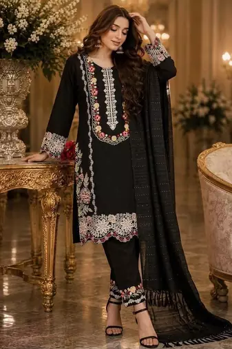 Black satin rayon kurta pant with dupatta set
