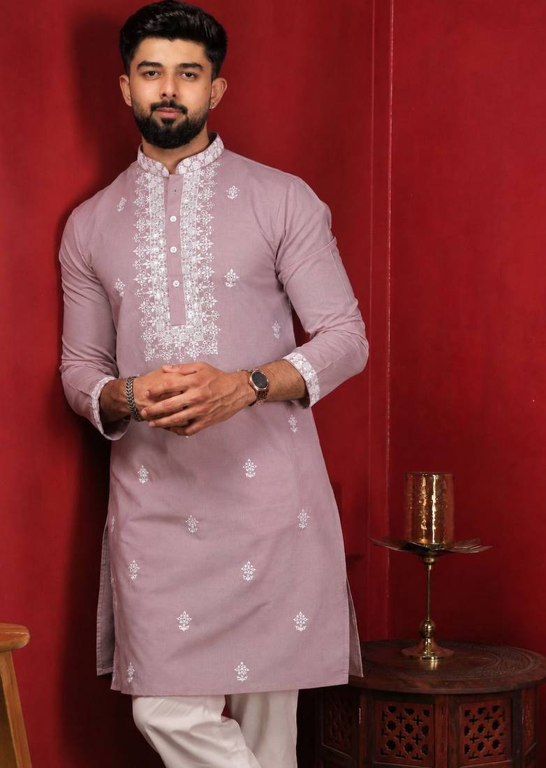 Pink embroidered fancy kurta payjama for men