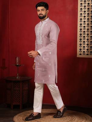 Pink embroidered fancy kurta payjama for men 4