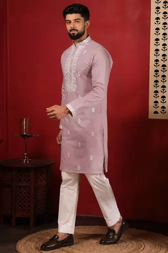 Pink embroidered fancy kurta payjama for men