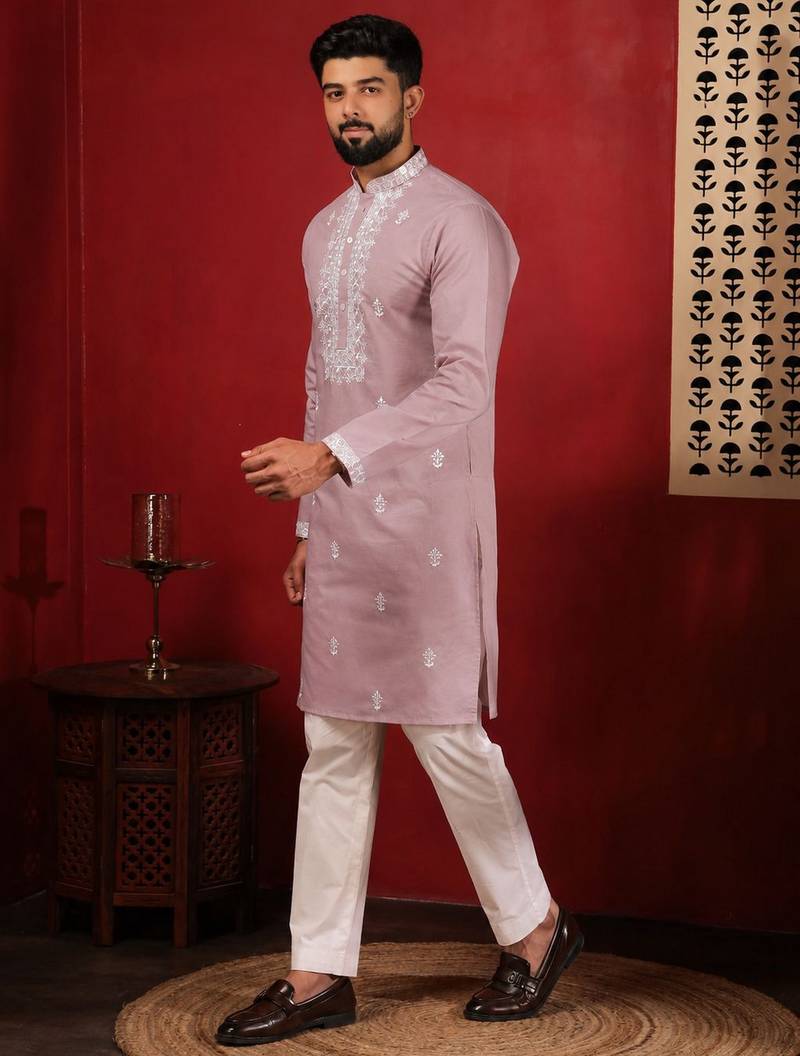 Pink embroidered fancy kurta payjama for men