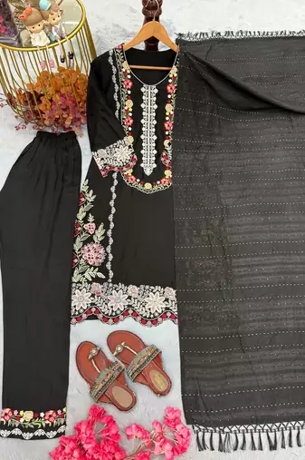 Black satin rayon kurta pant with dupatta set