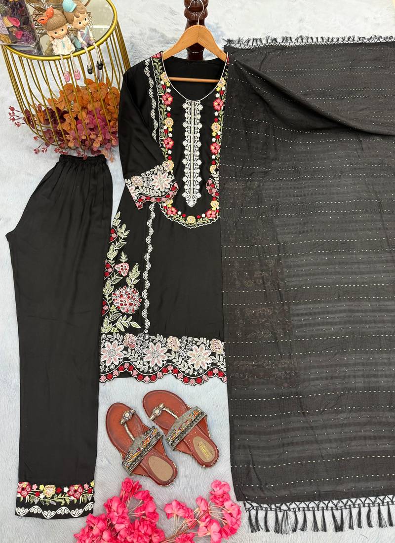 Black satin rayon kurta pant with dupatta set