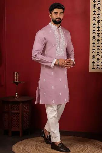 Pink embroidered fancy kurta payjama for men