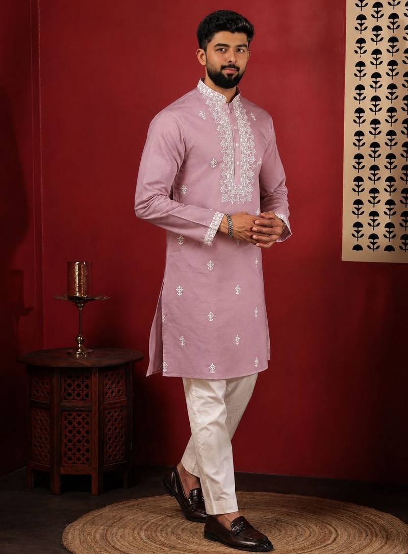 Pink embroidered fancy kurta payjama for men